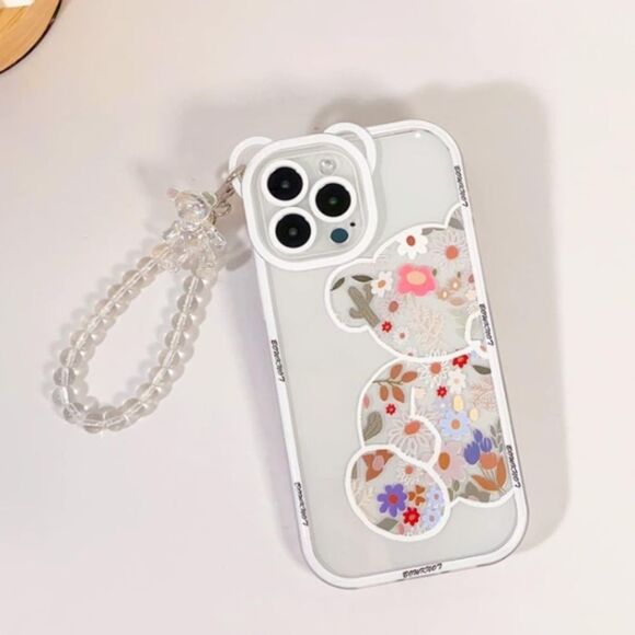Clear Floral Bear iPhone 12 Pro Case With Wristlet - Picture 1 of 3